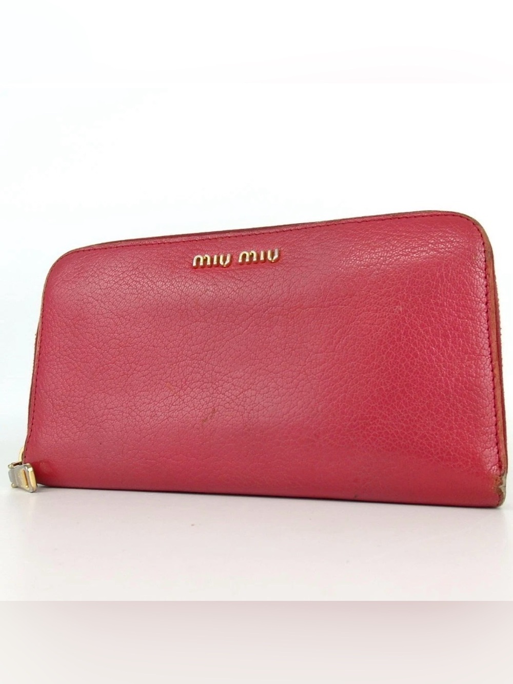 Miu Miu Authentic Red Pebbled Leather Zip Wallet with Gold Logo